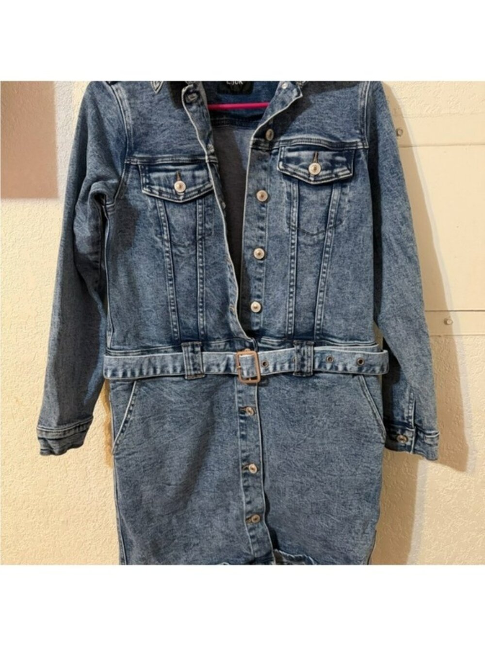 Denim Button-Front Belted Dress - small Wash Blue